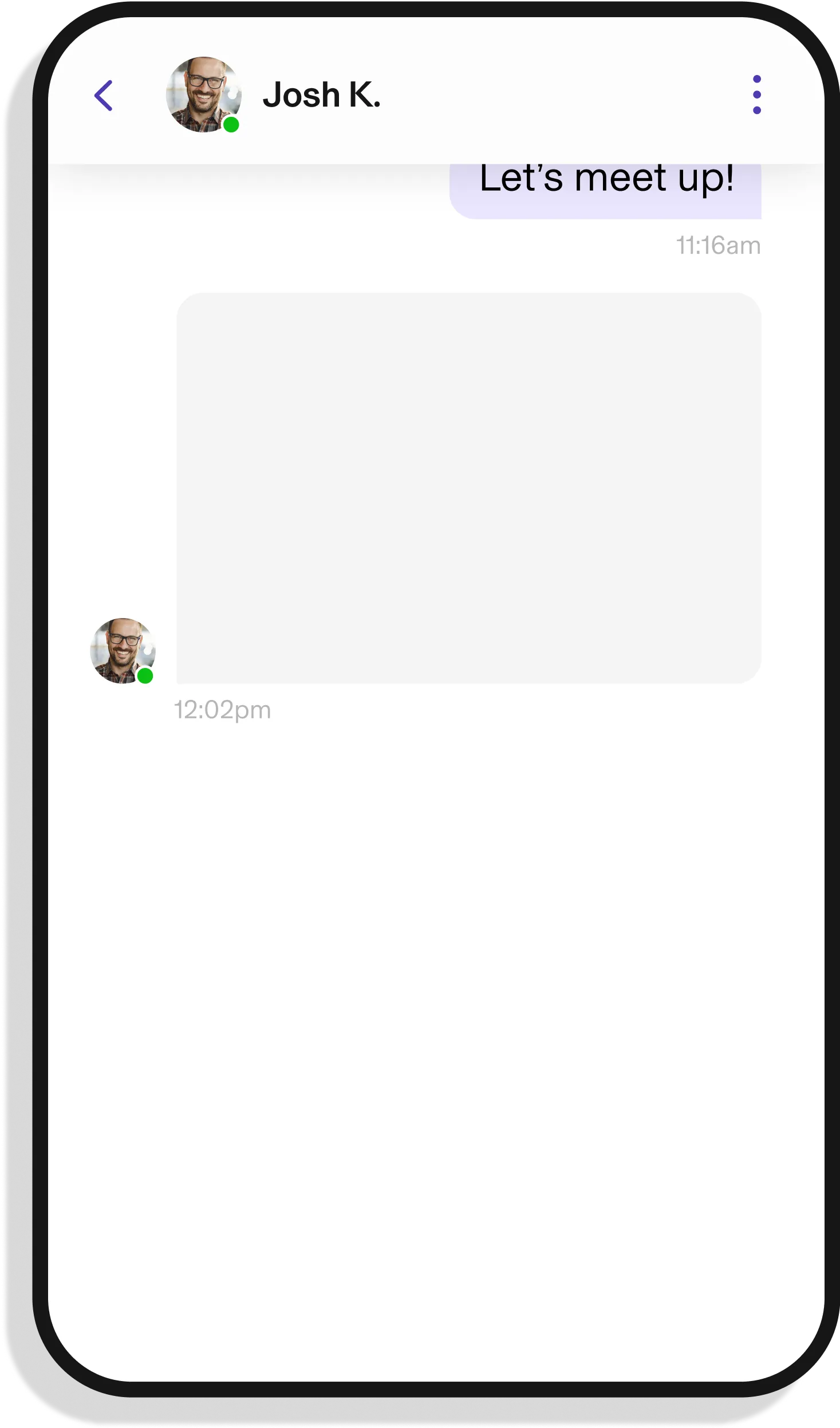 Phone with direct message on dating app displayed 